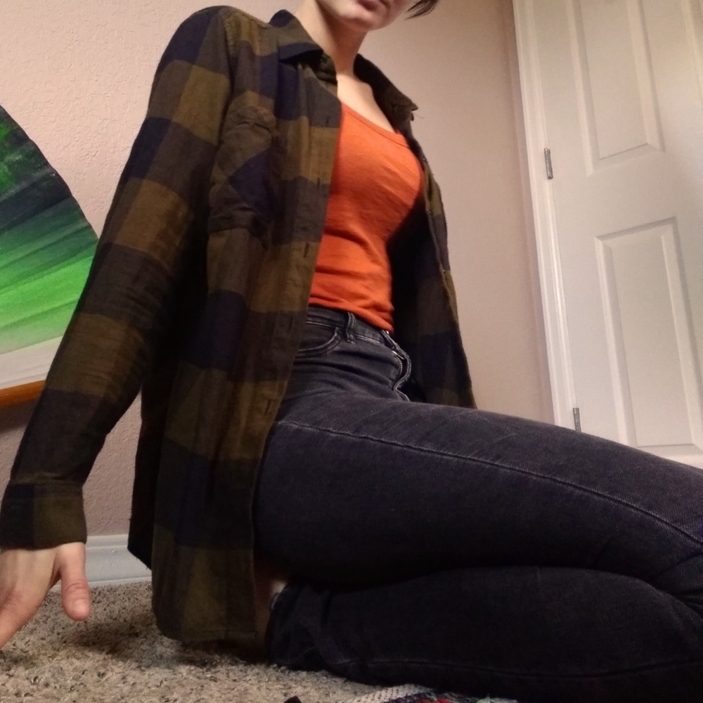 Green Black Flannel Button Up